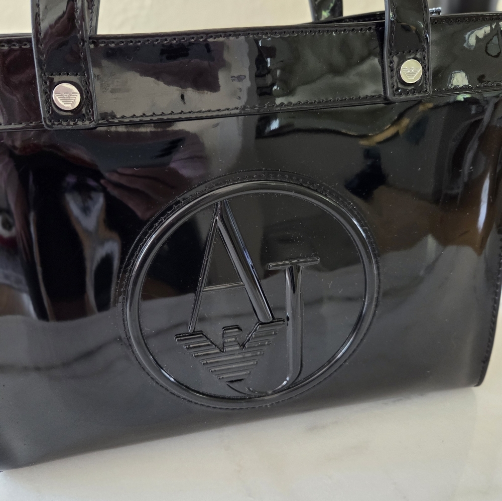 Armani Jeans Black Glossy Tote Bag with Embossed Logo